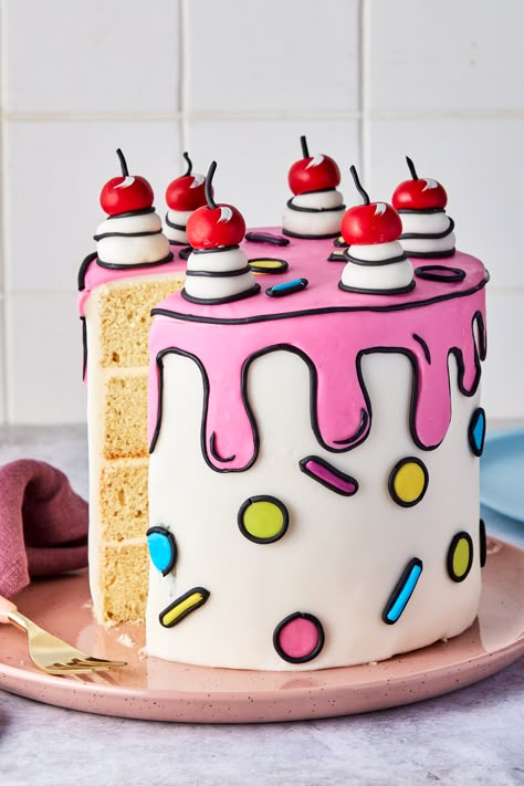 Cute Cake Inspiration, No Fondant Birthday Cake, Pop Art Cakes, Cake Ideas With Fondant, Comic Cake Birthday, Fondant Cake Designs Ideas, Cake Designs Fondant, Cute Fondant Cakes, Fondant Cakes Ideas