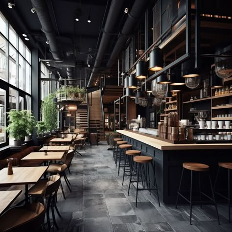 Black And Wood Coffee Shop, Black And Wood Coffee Bar, Modern Industrial Cafe Interior Design, Neighborhood Bar Design, Black Cafe Design, Black And Wood Restaurant Design, Cafe And Bar Interior Design, Industrial Style Restaurant Design, Industrial Cafe Aesthetic