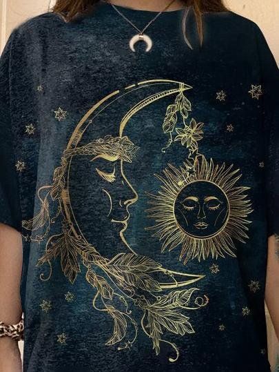 🚚FREE Shipping on orders over $80 ﻿- 📏Sizing: run a little small, recommend size up - Gender: Women Type: Tops Feature: Mid Sleeve, Sun & Moon Print, Round Neck Material: Polyester/Cotton Style: Casual/Fashion Color: Dark Blue Size: S, M, L, XL, 2XL, 3XL Please Note: All Dimensions Are Measured Manually With A Deviation Of 1 To 3cm Moon Print, Round Neck Sweaters, Sun And Moon, Sun Moon, Fashion Colours, Graphic Tees Women, Heart Print, Cotton Style, Fashion Prints