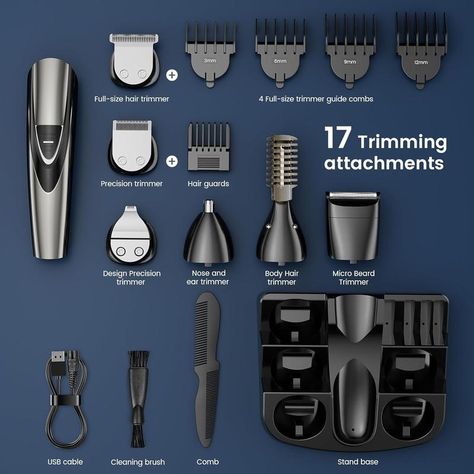 Beard Trimmer for Men SHPAVVER,17-Pc Set Rechargeable Hair Clippers Kit with Safety Lock,Mens Grooming Kit for Hair Beard Body & Nose,Gifts for Men Beard Designs, Mens Grooming Kit, Nose Hair Trimmer, Beard Trimmer, Trimmer For Men, Tiktok Shop, Grooming Routine, Beard Trimming, Cut My Hair