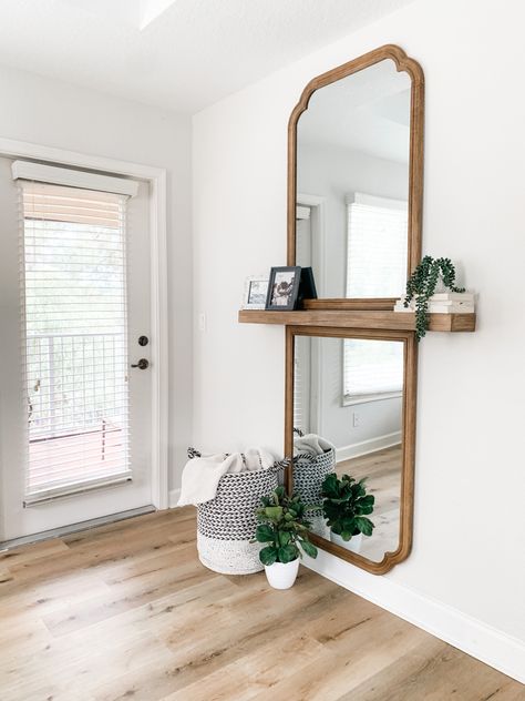 DIY full length mirror amd floatimg shelf. Target mirror Entry Mirror Ideas, Full Length Mirror Hallway, Full Length Mirror With Shelf, French Country Entryway Ideas, Full Length Mirror Decor Ideas, Target Mirror, End Of Hallway, French Country Mirrors, Organized Office