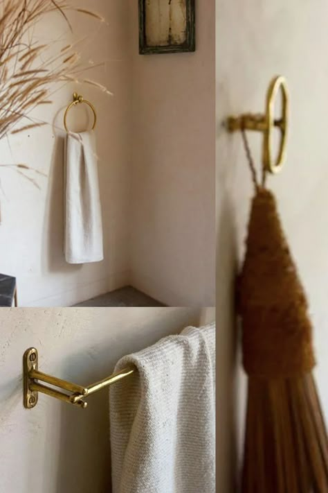 Brass Hardware Bathroom Collection at Wescover Antique Brass Bathroom Fixtures Hardware, Brass Towel Holder, Powder Room Brass Fixtures, Victorian Bathroom Hardware, Vintage Bathroom Towel Holder, Mixing Hardware Finishes Bathroom, Boho Bathroom Hardware, Antique Brass Bathroom Hardware, Brass Towel Ring