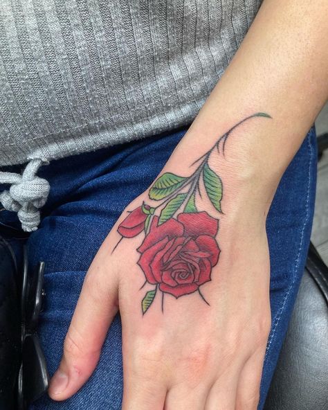 Red Rose Hand Tattoo, Small Tattoos Ideas, Stick Poke, Hindu Tattoos, Tattooed Man, Side Hand Tattoos, Stick Poke Tattoo, Rose Hand Tattoo, Hand And Finger Tattoos