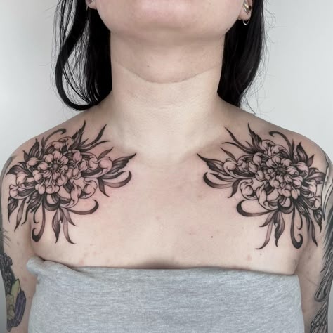 Shoulder Cap Floral Tattoo, Shoulder Chrysanthemum Tattoo, Chrysanthemum Chest Tattoo, Black Chrysanthemum Tattoo, Chest Shoulder Tattoo, Chrysanthemum Tattoo, Collar Bone Tattoo, Laughing Buddha, Collar Bone