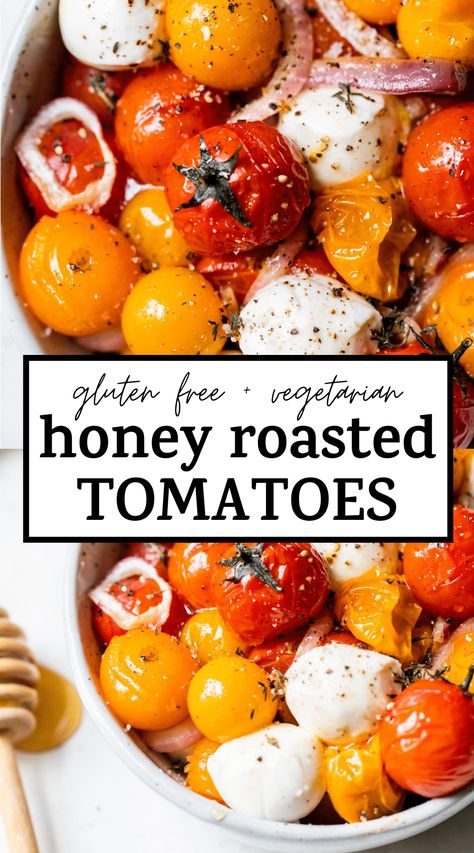 Healthy and quick HONEY ROASTED TOMATOES make for the perfect summertime side dish to any meal! They're gluten free, vegetarian and a delicious sweet+savory side, snack or lunch #roastedtomatoes #glutenfree Heart Healthy Sides For Dinner, Pancreas Diet, Mediterranean Sides, Appetizers Vegetable, Roasted Tomatoes Recipe, Roasted Tomato Recipes, Tomatoes Recipe, Honey Roasted, Mediterranean Diet Recipes