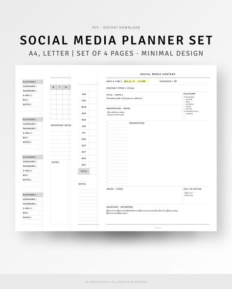 Social Media Planner A4/Letter Printable, Instagram Youtube Content Planner for Influencer, Business Follower Stats Tracker, Posting Planner | Business Printable Planner by  Willena Workman Post Planner Social Media, Social Media Content Planner Template Free, Social Media Planner Template Free, Youtube Content Planner, Instagram Post Planner, Influencer Planner, Content Planner Template, Business Planner Printables, Social Media Planner Template