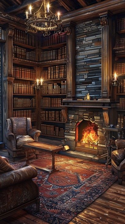 A warm, inviting library nook with overstuffed chairs, a glowing fireplace, and shelves brimming with books. Fireplace In Library, Old Library Room, Library Room Cozy, Library Booknook, Fireplace And Shelves, Boho Library, Home Library Room, Cozy Library Room, Fireplace Library