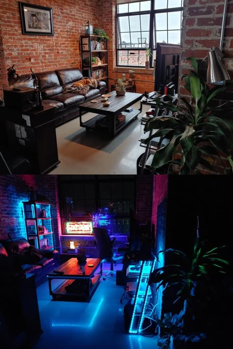 Cyberpunk Decor Futuristic Interior, Cyberpunk Home Decor, Cyberpunk Bedroom Aesthetic, Cyberpunk Lounge, Scifi Apartment, Neon Apartment Aesthetic, Cyberpunk Room Decor, Cyberpunk Aesthetic Room, Cool Room Aesthetic