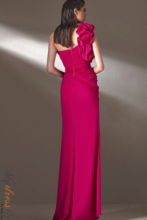 MNM Couture K3904 Luxury Women's One-shoulder Dress With Ruffles, Pre-draped Sleeveless Evening Dress With Ruffles, Luxury One-shoulder Pink Evening Dress, Elegant Pink One-shoulder Dress With Ruffles, Luxury Pink One-shoulder Gown, Plus Size Gowns Wedding, Silk Charmeuse Dress, Figure Flattering Dresses, Mnm Couture