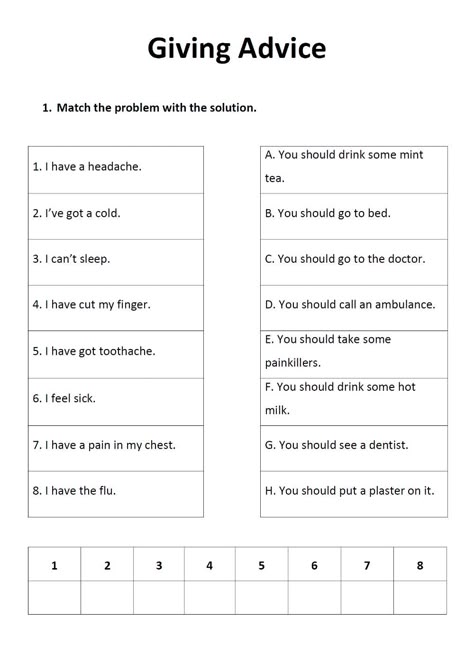 Health interactive worksheet for A1. You can do the exercises online or download the worksheet as pdf. Giving Advice Worksheet, English Language Activities, Matter Lessons, Teaching Vowels, English Conversation Learning, Modal Verbs, Giving Advice, English Grammar For Kids, Grammar For Kids