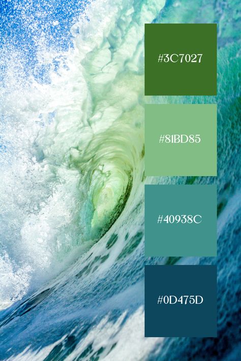 The Blue Green image captures the powerful curl of an ocean wave, with vivid blue and green tones reflecting the dynamic energy and freshness of the sea. Green Colored Wedding Theme, Blue Green Painting Ideas, Turquoise Palette Colour Schemes, Olive And Aqua Color Palette, Ocean Color Scheme, Sea Green Color Combinations, Colour Palette Blue Green, Blue Green Earth Tone Color Palette, Greenish Blue Aesthetic