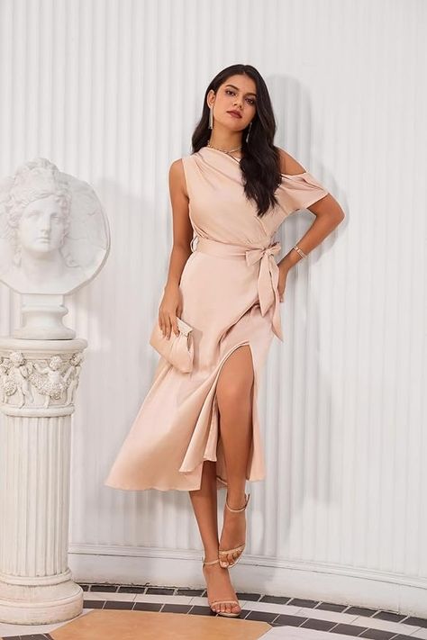 Amazon.com: Women's Sleeveless One Shoulder Midi Cocktail Party Dress Satin Cap Sleeve Tie Waist Elegant A-Line Flowy Dresses Black S : Clothing, Shoes & Jewelry One Shoulder Prom Dress, Flowy Dresses, Women's Fashion Set, Dusty Rose Dress, Dress Satin, Cocktail Party Dress, Flowy Dress, Seasonal Fashion, Elegant Dress