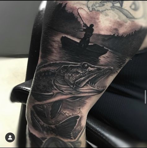 Tattoos For Fisherman, Fishing Leg Sleeve Tattoo, Men Tattoo Ideas Fishing, Fishing Scene Tattoo, Men’s Fishing Tattoos, Full Hand Tattoo, Fish Man, Nature Tattoos, Half Sleeve Tattoo