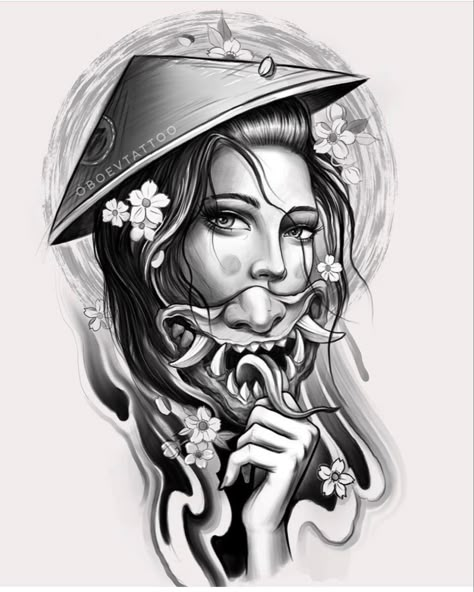 Follow broken_tats Tato Realis, Japanese Mask Tattoo, Japanese Snake Tattoo, Geisha Tattoo Design, Girl Face Tattoo, Geisha Tattoo, Japan Tattoo Design, Biomechanical Tattoo, Ninja Girl