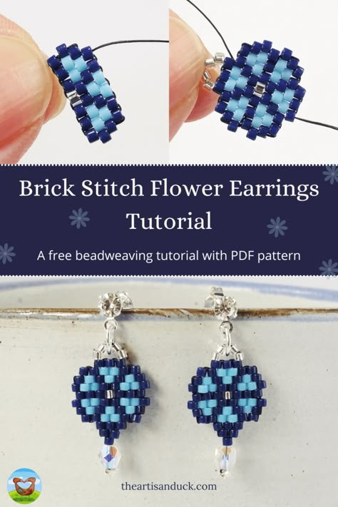 Brick Stitch Flower Pattern, Brick Stitch Earrings Pattern Tutorials, Brick Stitch Ring, Brick Stitch Flower, Flower Earrings Tutorial, Brick Stitch Earrings Pattern, Beaded Tutorials, Stitch Ring, Brick Stitch Tutorial