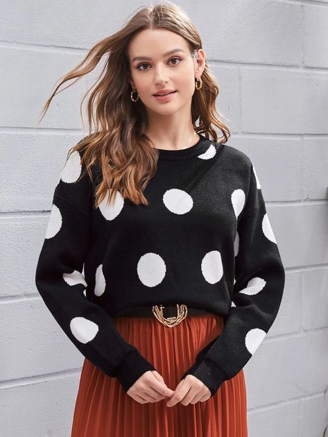 Drop Shoulder Polka Dot Sweater | SHEIN USA Dots Outfit, Polka Dot Sweater, Women Sweaters, Drop Shoulder, Polka Dot, Polka Dots, Jumper, Sweaters For Women, Dots