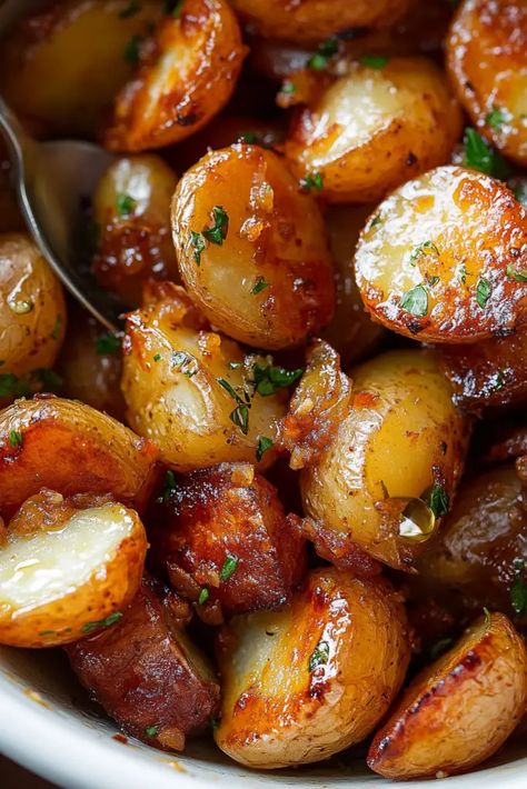 🌟 Roasted Garlic Butter Parmesan Potatoes 🌟 Crispy on the outside, fluffy on the inside, these roasted potatoes are the perfect side dish for any meal! Tossed with garlic, Parmesan, herbs, and optional bacon bits, they're easy to make and bursting with flavor. 🍴✨  #RoastedPotatoes #GarlicButter #ParmesanPotatoes #SideDishGoals #EasyRecipes #ComfortFood #PotatoLovers #CrispyPotatoes #SheetPanRecipes #DinnerIdeas #FoodieFavorites Best New Potato Recipes, Recipes With New Potatoes, Roasted Bacon Potatoes, Garlic And Butter Potatoes, Butter Boiled Potatoes, Potato Sides For Christmas Dinner, Side Of Potatoes, Algrauten Potatoes, Baked New Potatoes Recipes