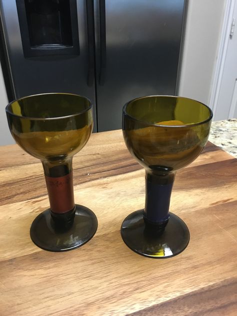 Upcycled wine glasses from recycled wine bottles  -  by Reclamation Garage Recycled Wine Bottles, Wine Bottles, Recycled Glass, Wine Glasses, Wine Bottle, Recycling, House Design, Wine, Tableware