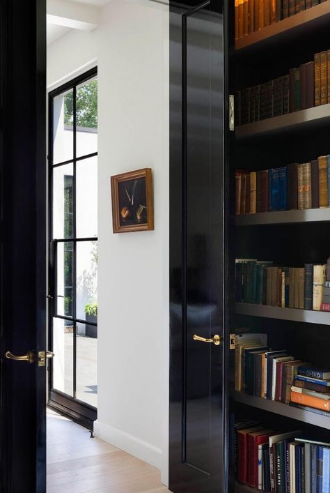 Black doors, brass hardware Black Door Brass Handle, Black Lacquer Doors, High Gloss Interior Doors, Library Doors, High Gloss Doors, Black Library, Steel Doors And Windows, Black Interior Doors, Gorgeous Doors