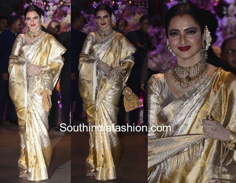 Rekha in a gold Kanjeevaram saree at Akash Ambani’s engagement Rekha In Kanjeevaram Sarees, Golden Kanjeevaram Saree, Gold Kanjeevaram Saree, Full Sleeves Blouse, Rekha Ji, Akash Ambani, Gold Saree, Kanjeevaram Silk Saree, Kanjeevaram Sarees