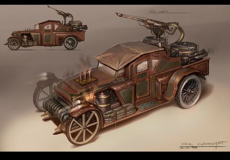 Car concept final by Nicolas-Gekko Steampunk Machines, Dieselpunk Vehicles, Steampunk Vehicle, Steampunk City, Steampunk Artwork, Fantasy Cars, Car Concept, Old Stuff, Steampunk Design