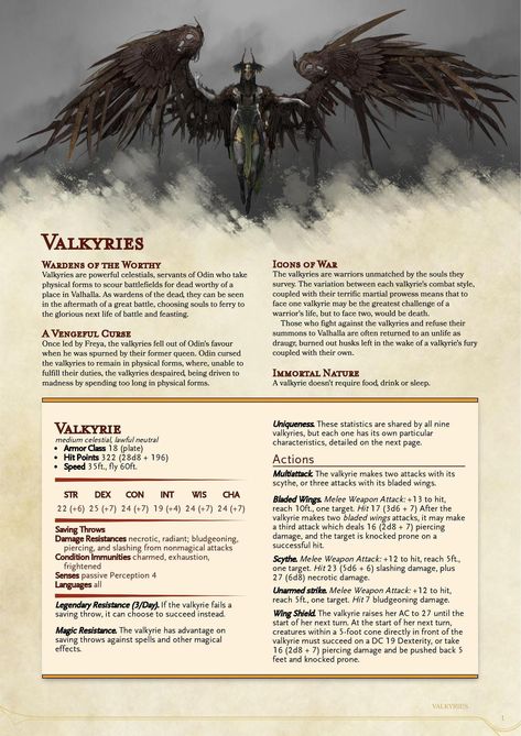 Kor Artificer D&D Homebrew — God of War Valkyries in D&D (Download) My valkyrie... Dnd God Stats, D&d Enemies, D&d Gods, D&d Inspiration, Stat Block 5e, Dnd Creatures Homebrew, D&d Homebrew, D&d Monsters, D&d Items