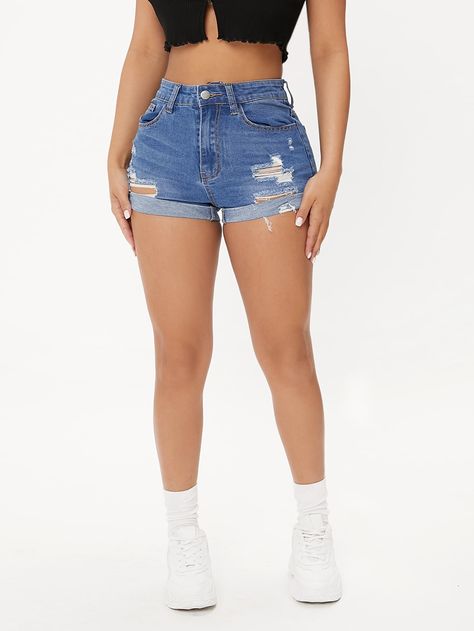 Ripped Jean Shorts Outfit, Look Short Jeans, Women Denim Shorts, Jean Short Outfits, Denim Jeans Ripped, Shorts Outfits Women, Ripped Jean Shorts, Ripped Denim Shorts, Ripped Shorts