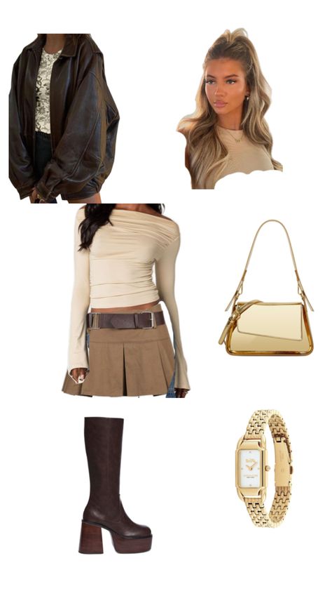 #outfit #fall #winter #skirt #watch #gold #purse #gno #hair #leather #jacket Gold Purse, Winter Skirt Outfit, Brown Skirt, Brown Skirts, Winter Skirt, Outfit Fall, Fall Skirts, Skirt Outfit, Fall Winter Outfits