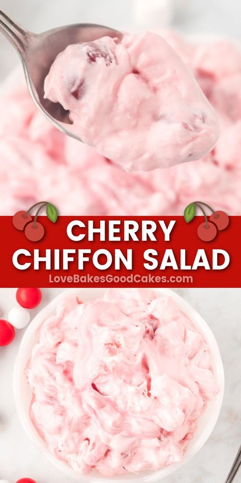 Cherry Chiffon Salad pin collage Cherry Chiffon Dessert, Cherry Salad Recipes, Quick Sides, Noom Meals, Fluff Salad Recipes, Ambrosia Fruit Salad, Easy Fruit Salad Recipes, Cherries Salad, Cool Whip Desserts