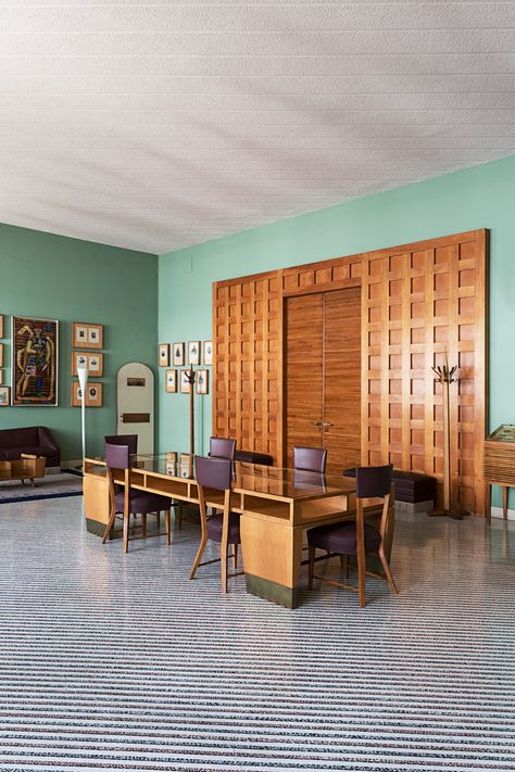 See the Incredible Interiors of Mid-Century Design Polymath Gio Ponti - 1stDibs Introspective Mid Century Italian Interior, Mid Century Cafe, Gio Ponti Interior, Warm Apartment Aesthetic, Warm Apartment, Mid Century Interior Design, Recessed Shelves, Mid Century Interior, Italian Interior Design