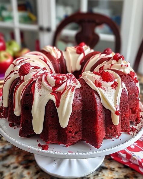 Layered Red Velvet Cheesecake Bundt Cake Cheesecake Bundt Cake, Cake With Cheesecake Filling, Marble Loaf Cake, Marble Loaf, Red Velvet Bundt, Christmas Bundt Cake, White Chocolate Icing, Cream Cheese Bundt Cake, Red Velvet Bundt Cake