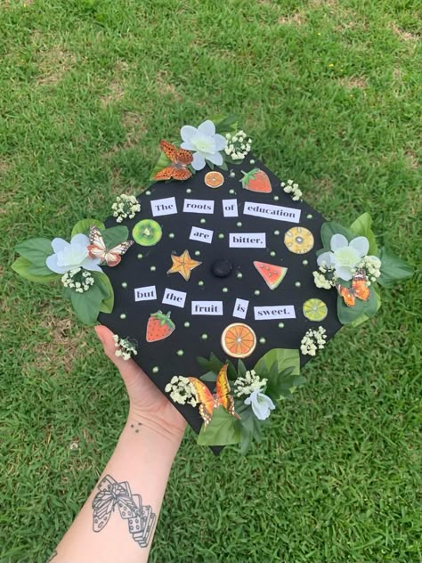 Cute Graduation Caps Unique, First Gen College Grad Cap, Clever Graduation Caps, Indie Graduation Cap, Nutrition Graduation Cap Ideas, Grad Caps 2023, Dietitian Graduation Cap, Cute Grad Cap Designs, Mushroom Graduation Cap