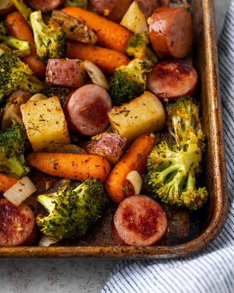 Vegetable Sheet Pan, Broccoli Sausage, Sheet Pan Sausage, Spicy Honey Chicken, Kielbasa And Potatoes, Roasted Potatoes And Carrots, Sheet Pan Meals Chicken, Broccoli And Potatoes, Sausage Dinner