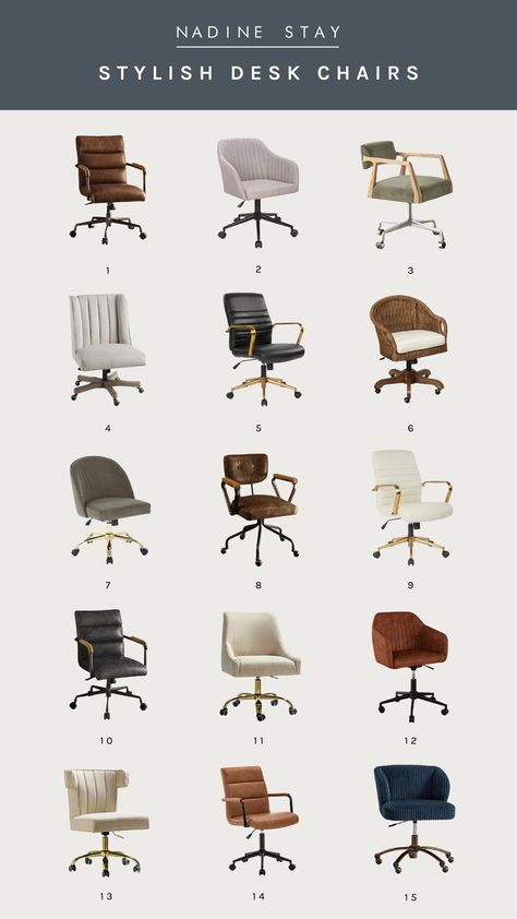 PICKING THE RIGHT HOME OFFICE DESK CHAIR + 15 OF MY FAVORITES | Nadine Stay Study Room Chair, Stylish Office Chair, Brown Office Desk, Home Office Masculine, Stylish Desk Chair, Comfy Desk Chair, Comfortable Desk Chair, Nadine Stay, Diy Chairs