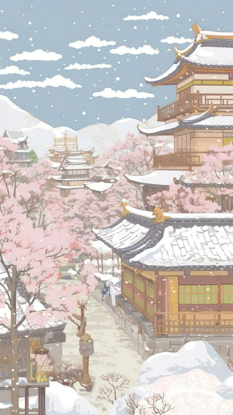 Japan anime winter village blossom flower person. | free image by rawpixel.com / Teddy Cherry Iphone Wallpaper, Aesthetic Anime Scenery Wallpaper, Iphone Wallpaper Japan, Flower Person, Japan Wallpaper, Anime Winter, Japanese Christmas, Iphone Wallpaper Iphone, Chinese Wallpaper