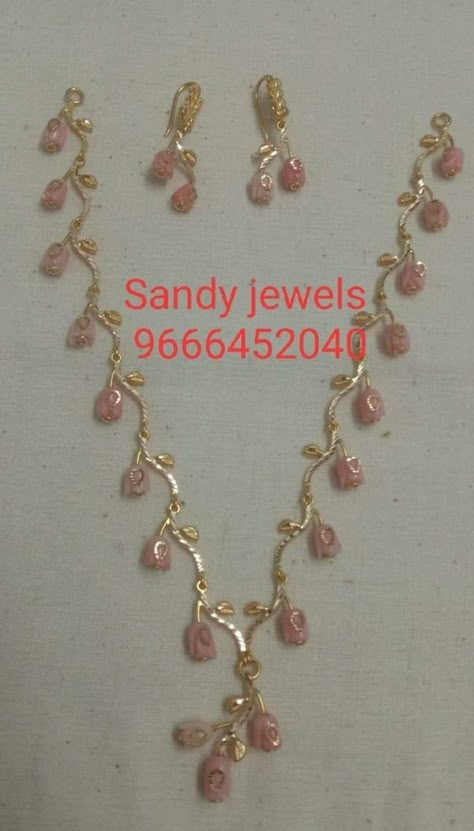 Tulip beads set Coral Beads Jewellery Indian Gold, Tulip Coral Beads Jewellery, Ruby Pumpkin Beads Jewellery Indian, Tulip Beads Necklaces, Beads Necklace Indian, Coral Tulips Jewellery, Necklace Tulips, Coral Tulips, Tulip Beads