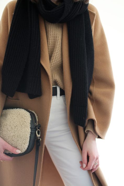 BLACK, CAMEL & WHITE - Style Bee Spring Tones, Ribbed Scarf, Waffle Sweater, Black Camel, Warm Spring, Black Accessories, Camel Coat, Straight Leg Denim, Winter Essentials