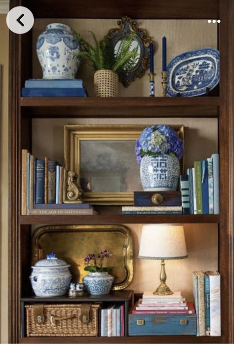 Living Room Armoire Ideas, Antique Bookcase Styling, Vintage Bookshelf Aesthetic, Styling A Bookcase, Styling Bookshelves, British Colonial Decor, Shelf Decor Living Room, Styling Shelves, Hutch Decor