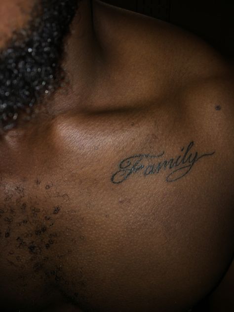 Writing Tattoos For Men Chest, Middle Collarbone Tattoo, Chest Name Tattoo Men, Name Chest Tattoos For Men, Word Tattoo On Chest, Family Chest Tattoos For Men, Name Tattoos Chest, Small Chest Tattoos For Guys, Word Chest Tattoo