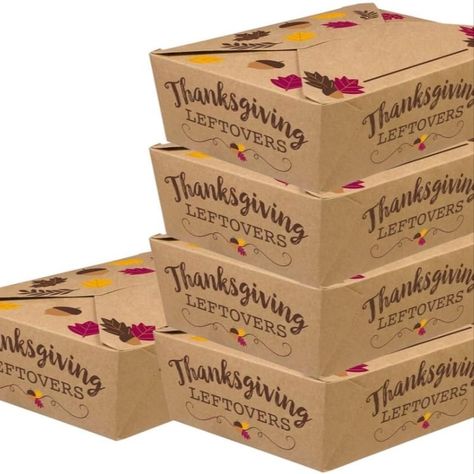 "Image of **Thanksgiving Foldable To-Go Paper Boxes** made from colorful coated kraft material. These festive boxes, measuring 2.5" x 8.25" x 6", are perfect for packing holiday meals and leftovers. The set includes 5 boxes, ideal for Thanksgiving gatherings and meal sharing." Thanksgiving Essentials, Holiday Leftovers, Thanksgiving Cooking, Holiday Prep, Thanksgiving Leftovers, Family Feast, Paper Boxes, Holiday Meals, Kraft Boxes