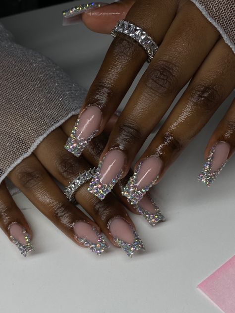 French Tip Nails With Diamonds Bling, Nail Gems Placement, French Manicure With Rhinestones Bling, Pixie Crystal French Tip Nails, French Tip Bedazzled Nails, Rhine Stone French Tip Nails, Colourful Rhinestone Nails, Nail Inspo Jewels, Bling Tip Nails