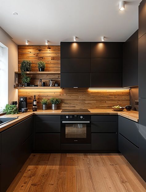 Sleek Dark Kitchen Vibes Basement Ideas Kitchen, Dark And Light Wood Interior, Black Kitchen Cabinets Wood Countertops, Black And Wood Interior Design, Black And Oak Kitchen, Black Walls Kitchen, Black And Wood Interior, Black And Wood Kitchen, Kitchen Vibes