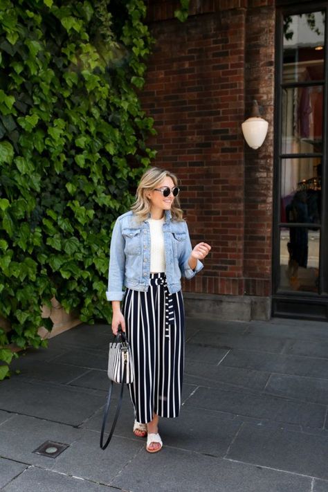 Cropped Denim Jacket + Striped Wide-Leg Pants | bows & sequins Denim Jacket Outfit Ideas, Stripe Pants Outfit, Spring Denim Jacket, Jacket Outfit Ideas, How To Wear Hijab, Feminine Outfits, White Ruffle Blouse, Spring Denim, Denim Jacket Outfit