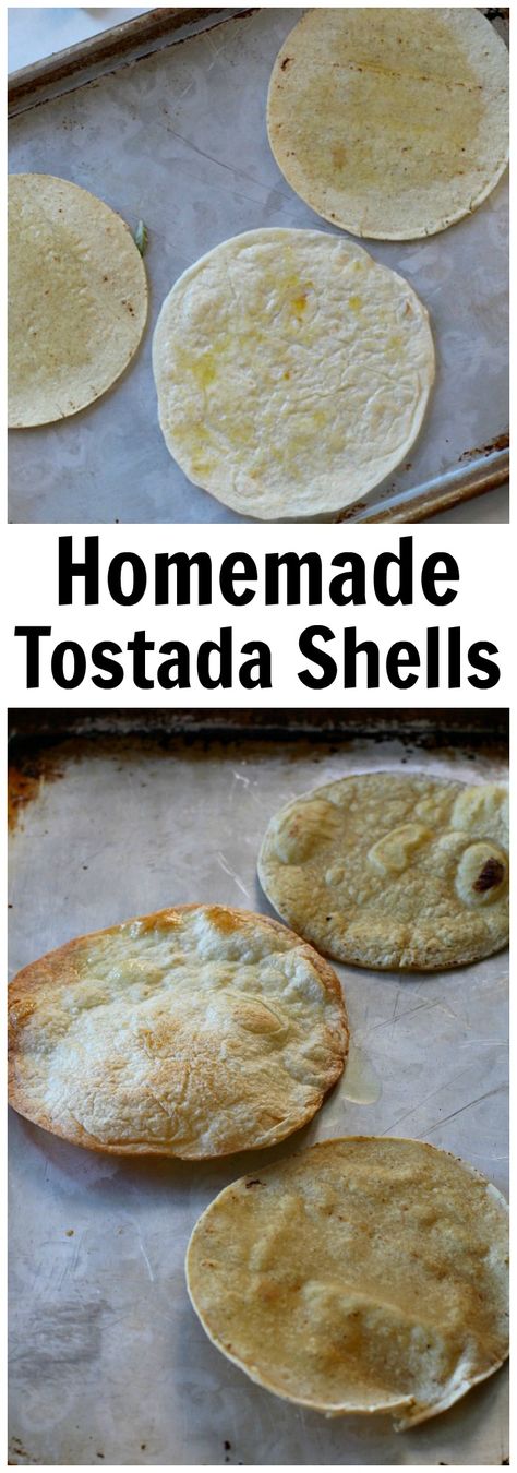 Easy crispy baked homemade tostada shells. How to make tostada shells from either soft corn or flour tortillas. Just takes a few minutes and better than packaged. Best method I've found. Homemade Tostada Shells, Baked Corn Tortillas, Tostada Shells, Tostada Recipe, Feta And Olives, How To Make Flour, Zesty Chicken, Tostada Recipes, Southwestern Recipes