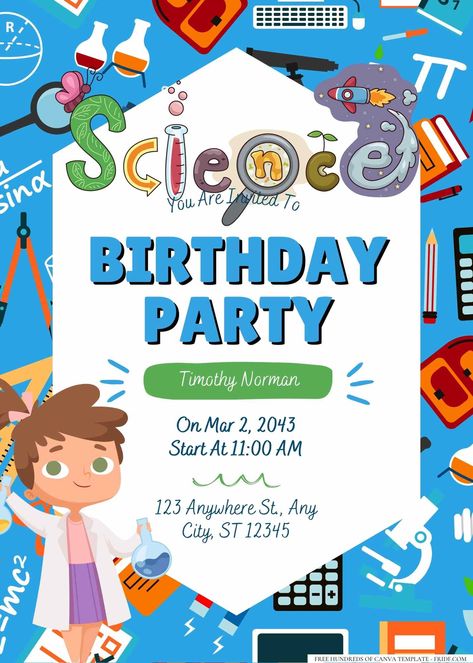 Science Lab Birthday Invitation Templates Check more at https://www.fridf.com/science-lab-birthday-invitation-templates/ Science Birthday Party, Science Day, Birthday Party Invitations Free, Science Birthday, Science Party, Birthday Invites, Creative Learning, Science Lab, You Are Invited