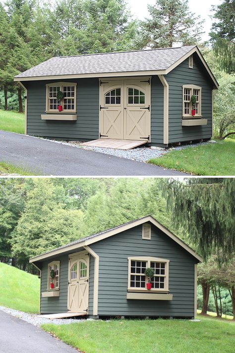 Storage Shed Colors, Storage Building Greenhouse, Wood Shed Color Ideas, Out Buildings Sheds, Double Door Shed, Garden Shed Colors Exterior, Outdoor Shed Colors, Cottage Style Shed, Shed Colors Exterior