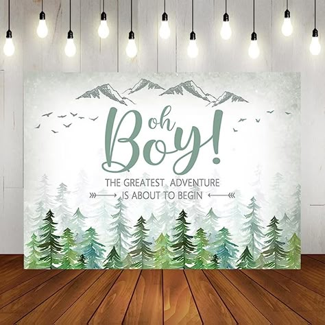 Baby Shower Verde, Adventure Awaits Baby Shower, Baby Shower Background, Woodland Baby Shower Decorations, Surprise Baby Shower, Baby Backdrop, Adventure Baby Shower, Forest Party, Photo Booth Prop