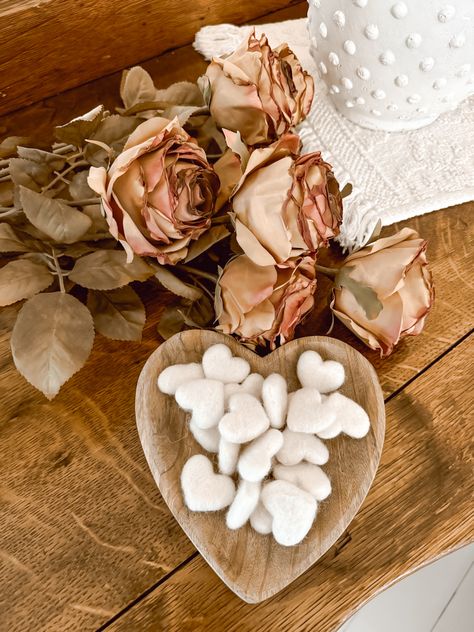 Neutral Valentine's Day Home Decor - Deb and Danelle Neutral Valentines Aesthetic, Neutral Valentine Day Decor, Valentine Boho Decor, Muted Valentines Decor, Cottage Valentines Day Decor, Valentines Aesthetic, Decorative Glass Jars, Wooden Serving Trays, Valentines Decor