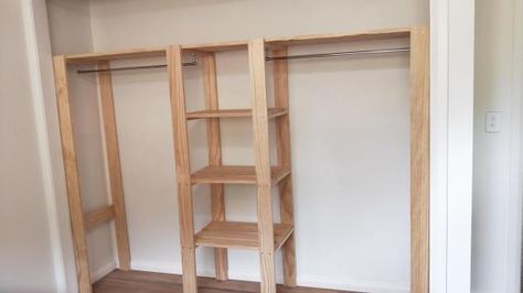 Wood Closet Shelving, Hang Shelf, Pipe Closet, Wood Closet Shelves, Shelf Mirror, Loft Bed Plans, Closet Shelving, Wood Closet, Free Standing Closet