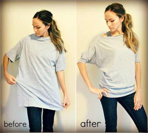 37 Truly Easy No Sew DIY Clothing Hacks. Turn oversized tshirt to a more fitted dolman tee Umgestaltete Shirts, Trash To Couture, Diy Vetement, Costura Diy, Shirt Diy, Diy Couture, Learn To Sew, Diy Style, Sewing Clothes